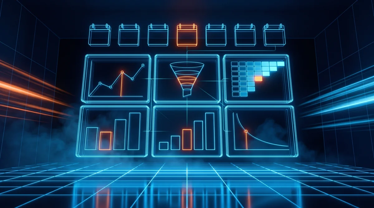 Dashboard wireframe delle metriche food-tech a cadenza settimanale: MAU, activation, retention, LTV/CAC, ARPU, churn
