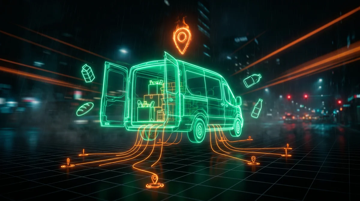 Food e-commerce D2C in stile neon futurismo: dashboard ROAS con metriche di acquisizione, CAC, repeat rate e LTV per brand alimentari su Shopify, Amazon e sito proprio