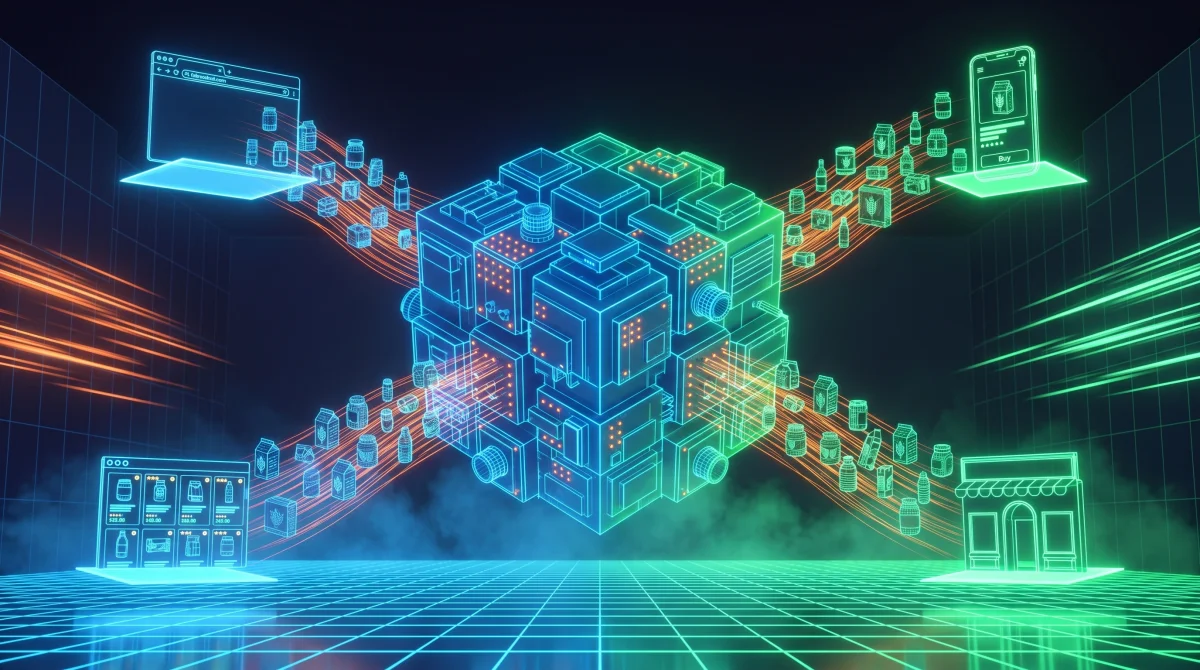 E-commerce platform: hub centrale wireframe che si dirama verso desktop, mobile, marketplace e brand storefront con flussi di prodotti food e order data