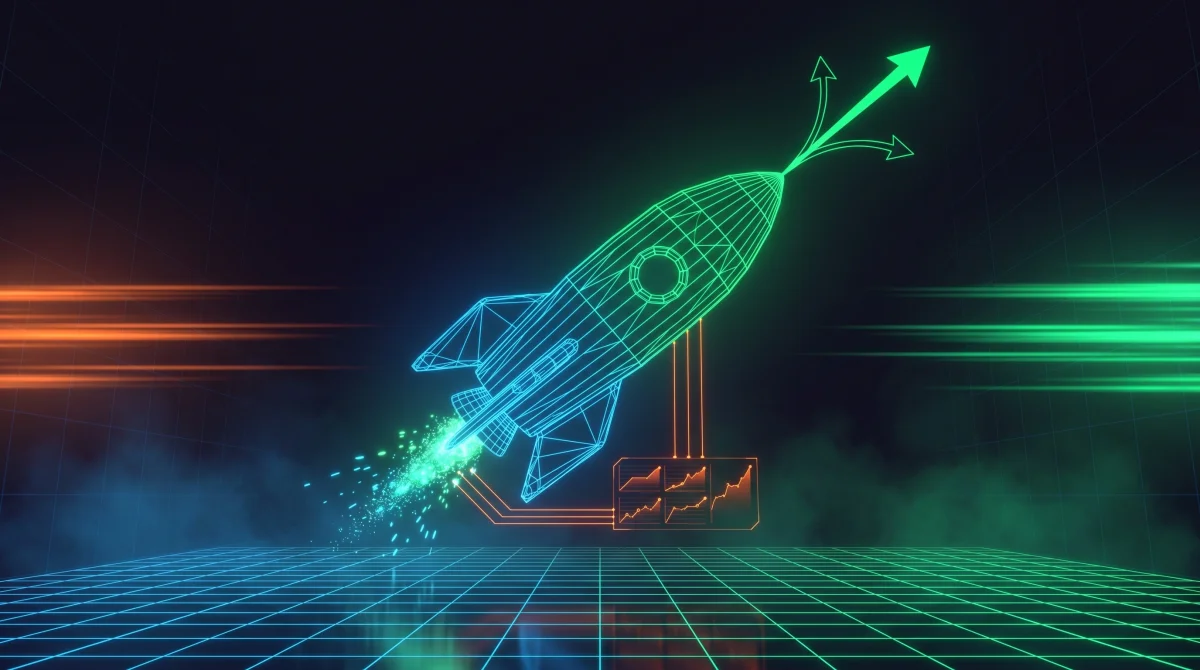 Scale & ship: razzo wireframe che decolla guidato dalla dashboard di validazione dati con traiettoria esponenziale verso il neon green
